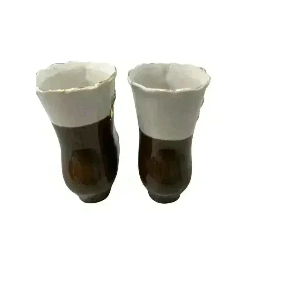 Set of Vintage Porcelain Miniature Shoe Vases Brown with Applied Flowers 3